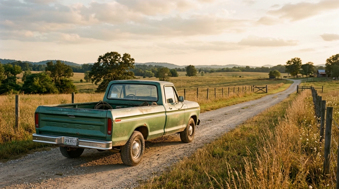 Weathered green Ford pickup parked on a dirt road beside an open pasture at sunset